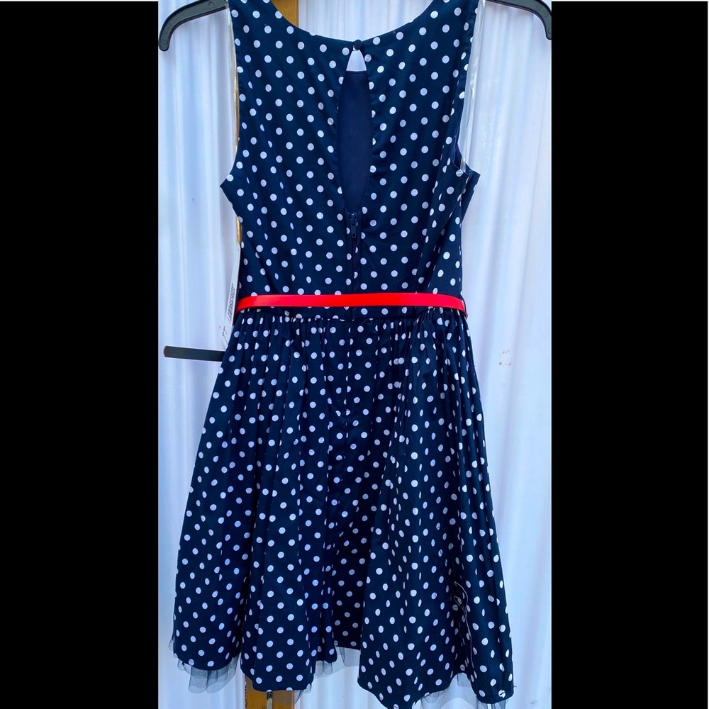 Emerald Sundae Sleeveless Navy Polka Dot Party Dress with Attached Slip - Picture 3 of 14